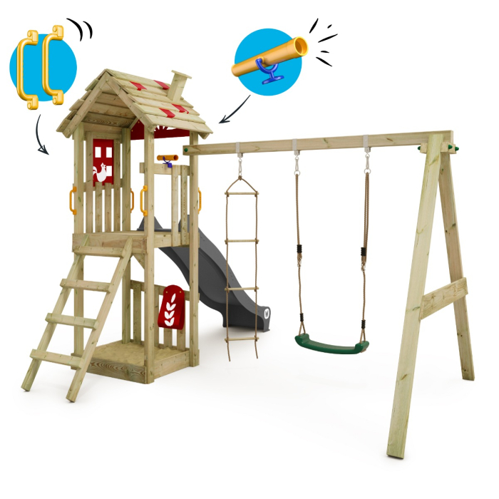 Wickey Aire de jeux Portique bois SeaFlyer avec balançoire et toboggan  Cabane enfant exterieur avec bac à sable, échelle d'escalade & accessoires  de